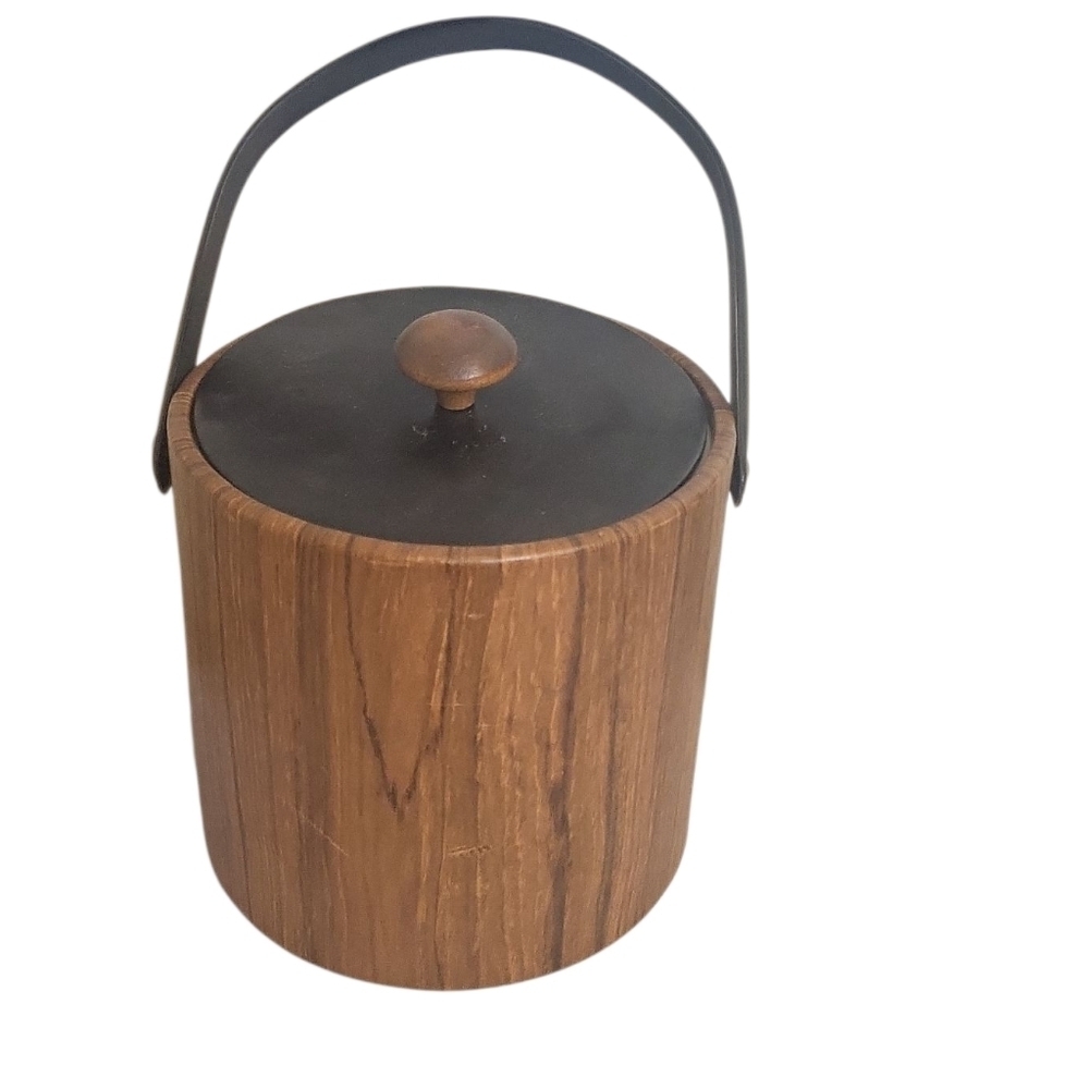 Vintage Irvinware Mid Century Faux Wood Ice Bucket with Handle & Lid